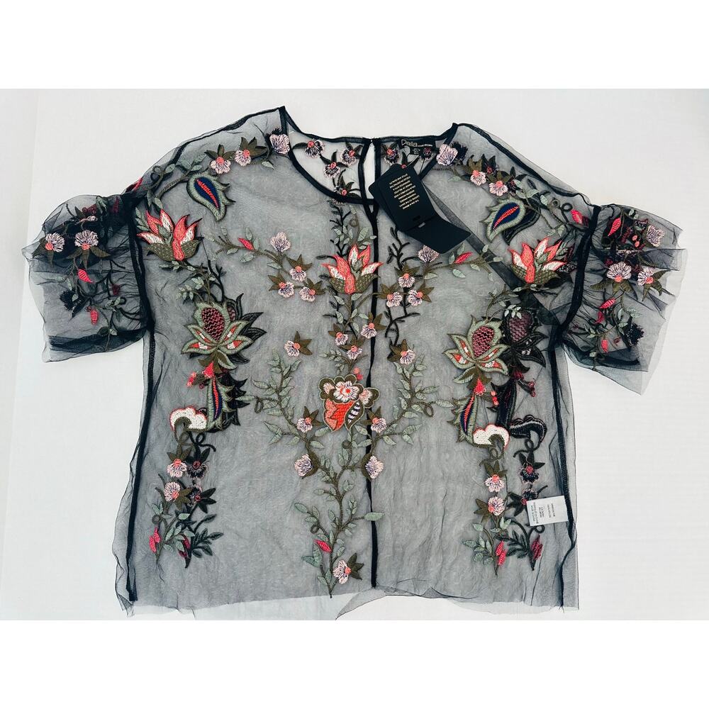 NWT Dalia Black Mesh Boho Floral Embroidered Flutter Sleeve Blouse - Size L